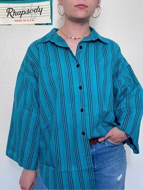 Rhapsody | Vintage 80s 90s Teal Blue Striped Button Down Shirt